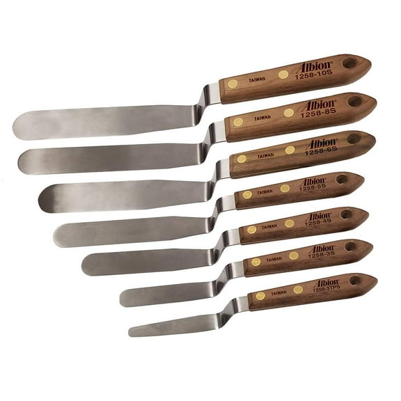 Albion Engineering 1258-G01 7-Piece Classic Offset Caulk Tooling Spatula Set, Stainless Steel with Hardwood Handle