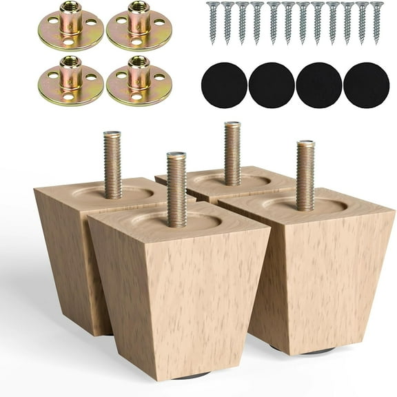 Albo 4 Inch Height Wood Furniture Legs, Brown with 4 Piece Pack