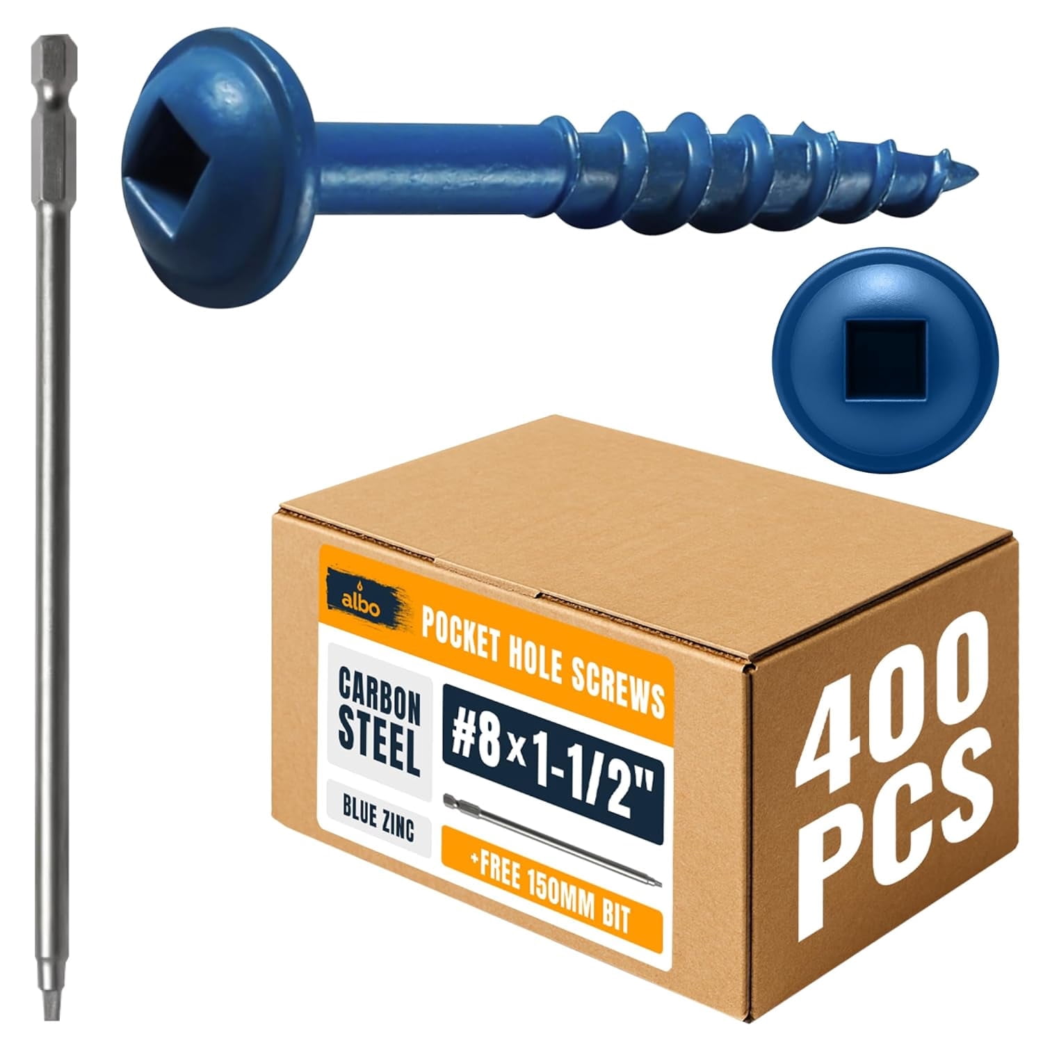 Albo Pocket Hole Screws #8 × 1-1/2" Set 400 PCS Blue Zinc Carbon Steel Self-Tapping Robertson Square Drive Washer Head Cabinet Wood Screws, Pocket Jig Fasteners Assortment, 6" (150 mm) Bit Included