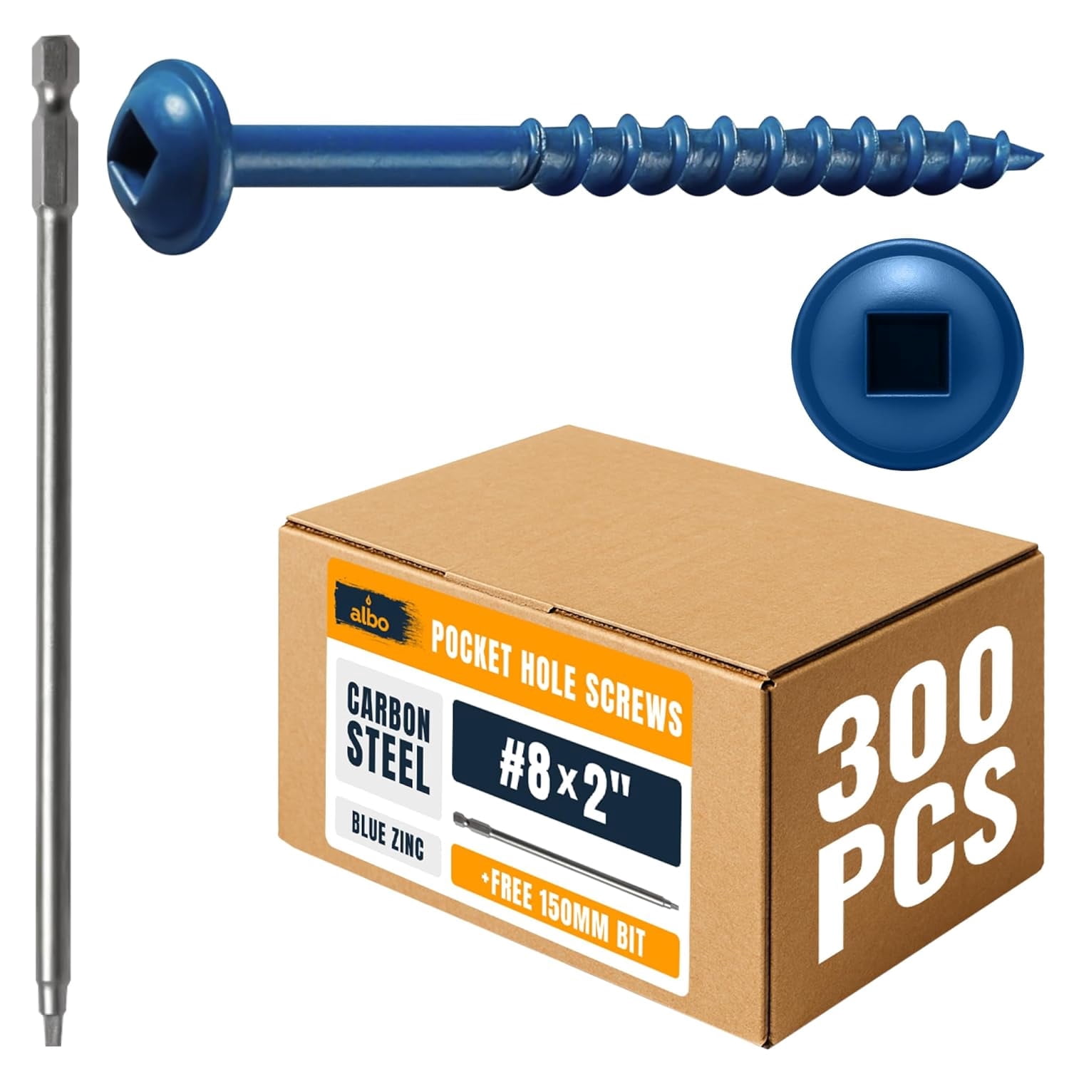 Albo Pocket Hole Screws #8 × 2" Set 300 PCS Blue Zinc Carbon Steel Self-Tapping Robertson Square Drive Washer Head Cabinet Wood Screws, Pocket Jig Fasteners Assortment, 6" (150 mm) Bit Included
