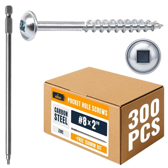 Albo Pocket Hole Screws #8  2" Set 300 PCS Zinc Carbon Steel Self-Tapping Robertson Square Drive Washer Head Cabinet Wood Screws, Pocket Jig Fasteners Assortment, 6" (150 mm) Bit Included