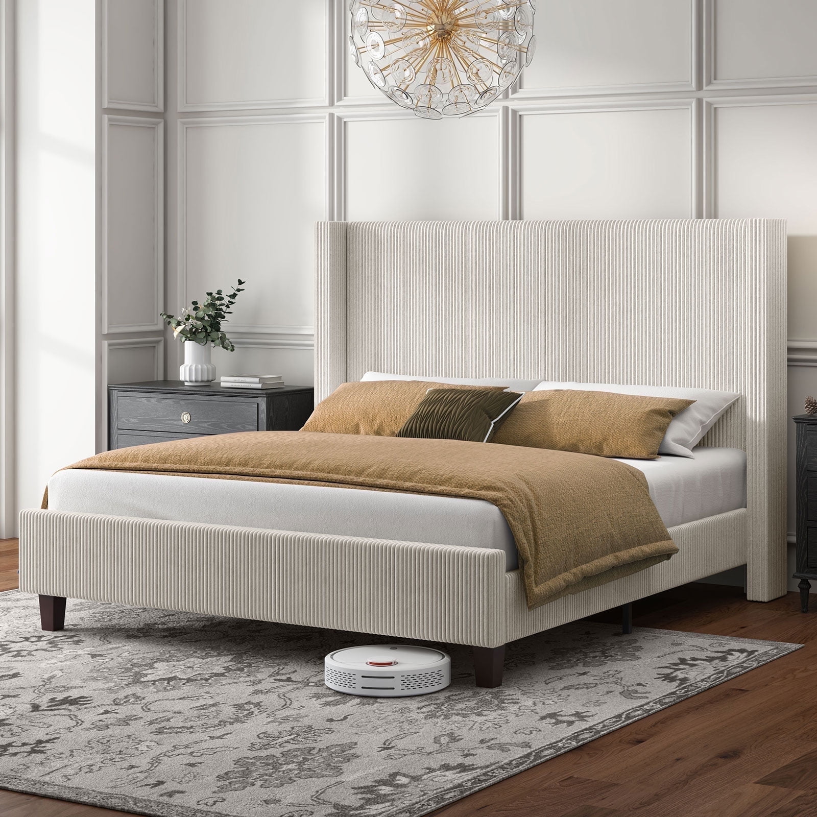 Queen Cream Corduroy Upholstered Bed with Storage Drawer