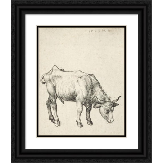 Albrecht Dürer 12x14 Black Ornate Wood Framed Double Matted Museum Art Print Titled: Young Bull (C. 1496)