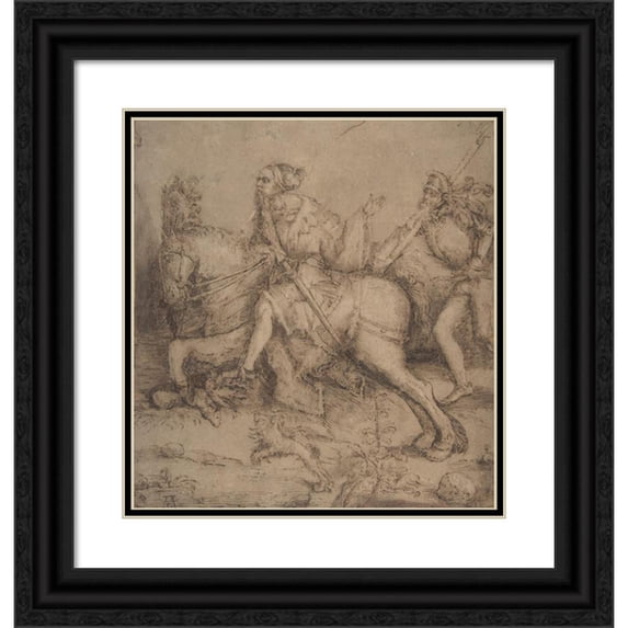 Albrecht Dürer 15x16 Black Ornate Wood Framed Double Matted Museum Art Print Titled - Knight on Horseback and Landsknecht (1485-1528)