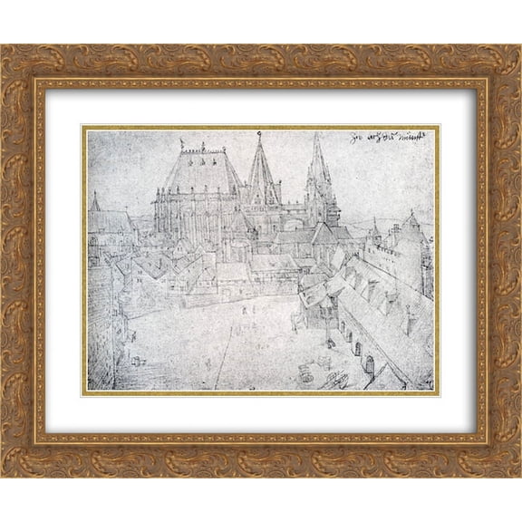 Albrecht Durer 2x Matted 24x20 Gold Ornate Framed Art Print 'The Cathedral Of Aix-La-Chapelle With Its Surroundings, Seen From The Coronation Hall'