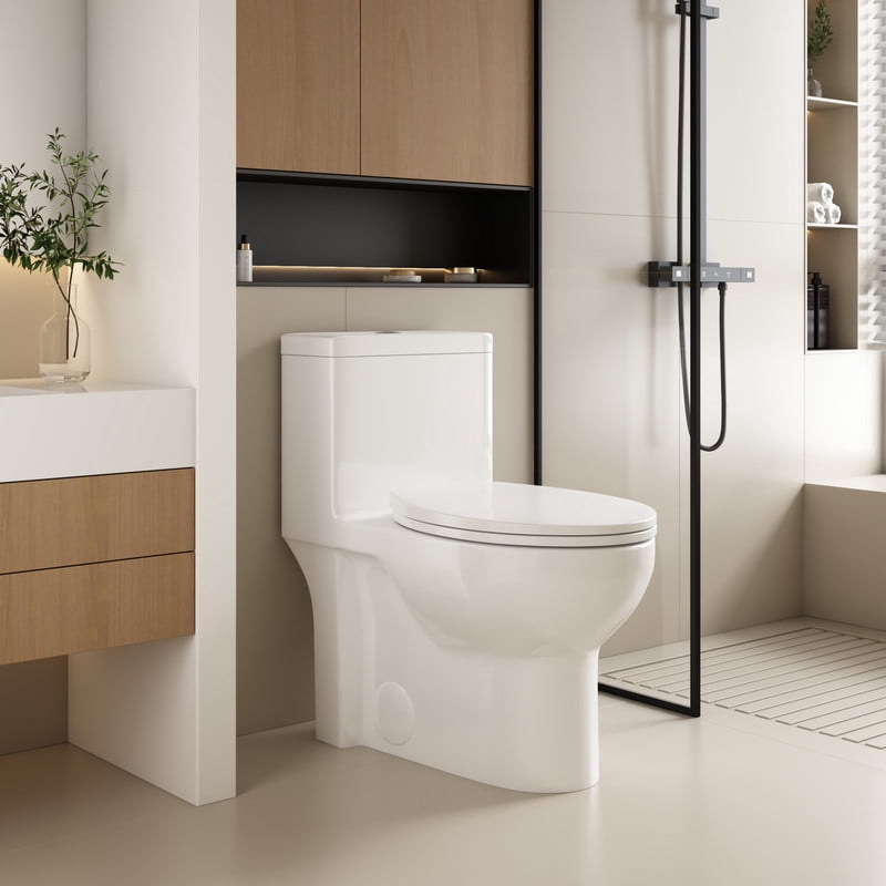 Albriya Modern One Piece Toilet with Soft Close Seat , Elongated Toilet with Comfort Seat Height, ADA Chair Height 17.32", Dual Flush 1.1/1.6 GPF & MAP 1000g, Standard White Toilet Bowl