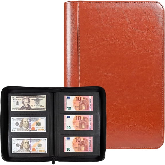 Album with 180 Pockets -  Ringless Banknote Collection Album with Clear Non-PVC Sleeves for Banknotes, Bills, Tickets, and Collectibles (Rust)