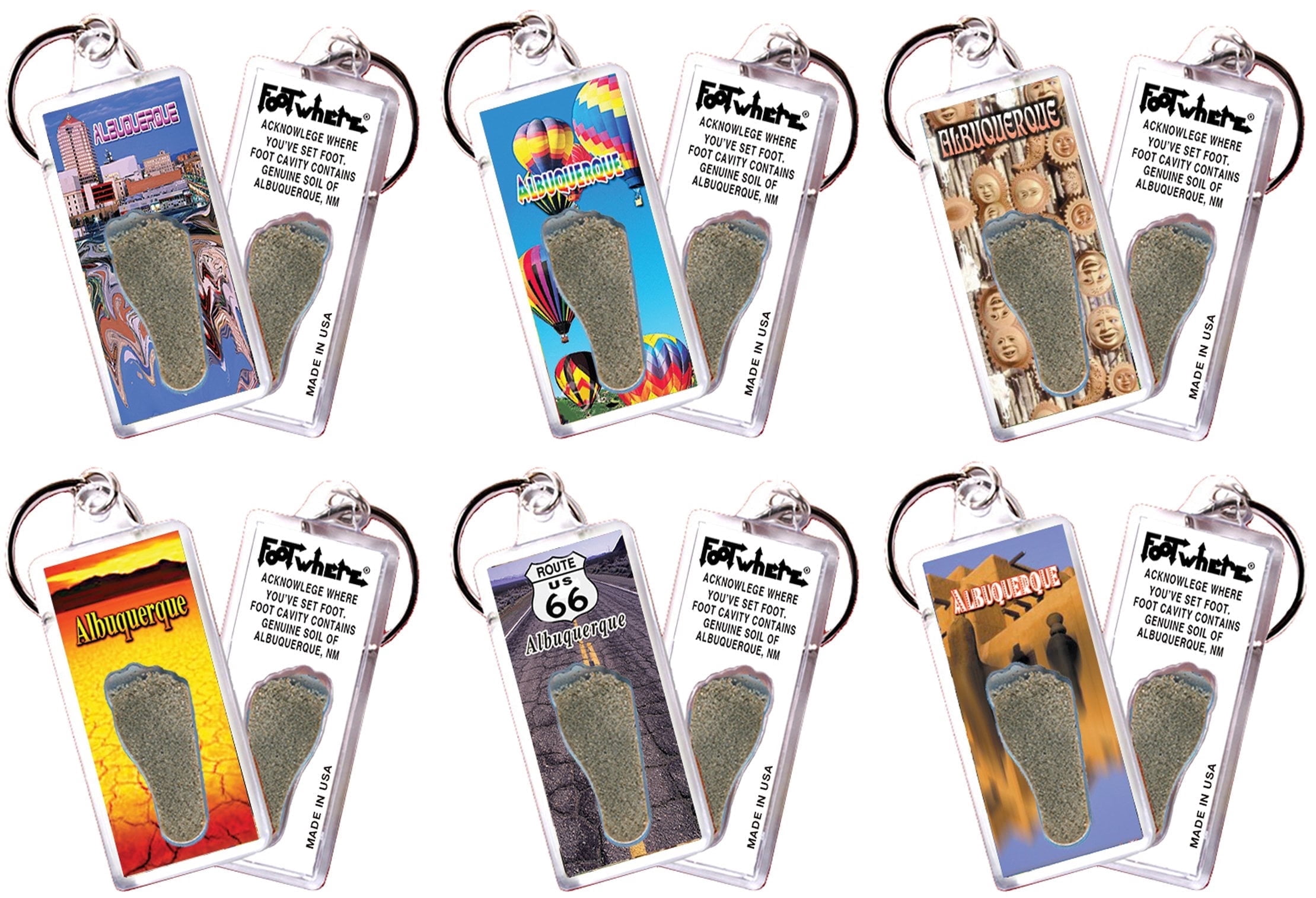 Albuquerque FootWhere Souvenir Keychains. (AQ100 - Assorted) 6 Piece Set.
