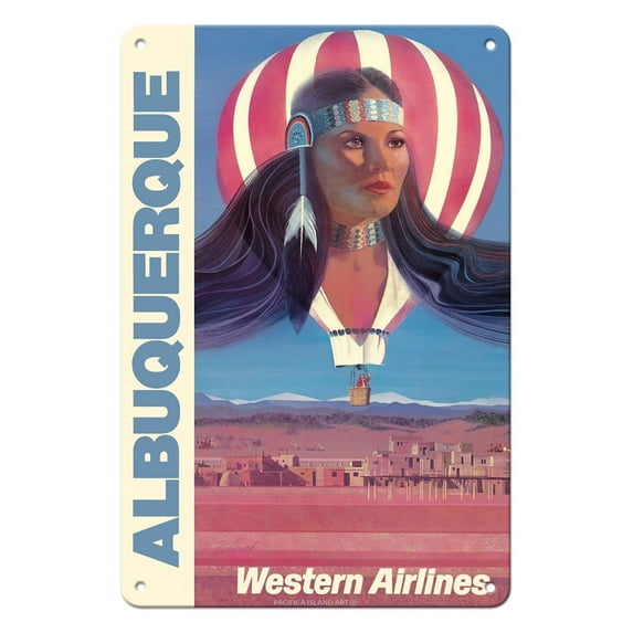 Albuquerque New Mexico - Balloon Festival - Western Airlines - Vintage Airline Travel Poster by E. Carl Leick c.1970s - 8 x 12 inch Vintage Metal Tin Sign