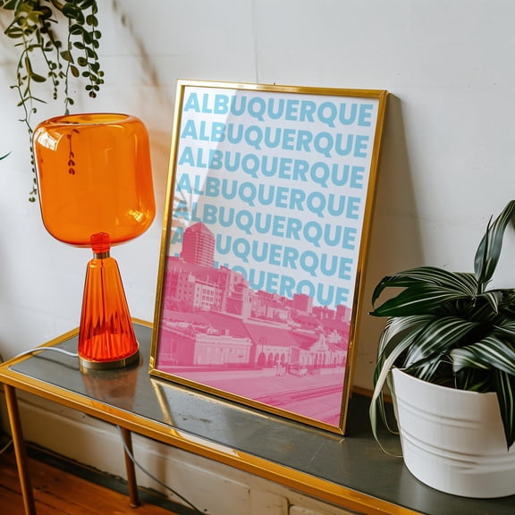 Albuquerque Wall Art Print New Mexico Travel Print City Skyline Decor Girly Blue And Pink Albuquerque Nm Artwork Home Decor #460, Unframed Poster Size 8x12