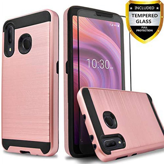Alcatel 3V Case, 2-Piece Style Hybrid Shockproof Hard Case Cover with [Tempered Glass Screen Protector] Hybird Shockproof And Circlemalls Stylus Pen- Rose Gold