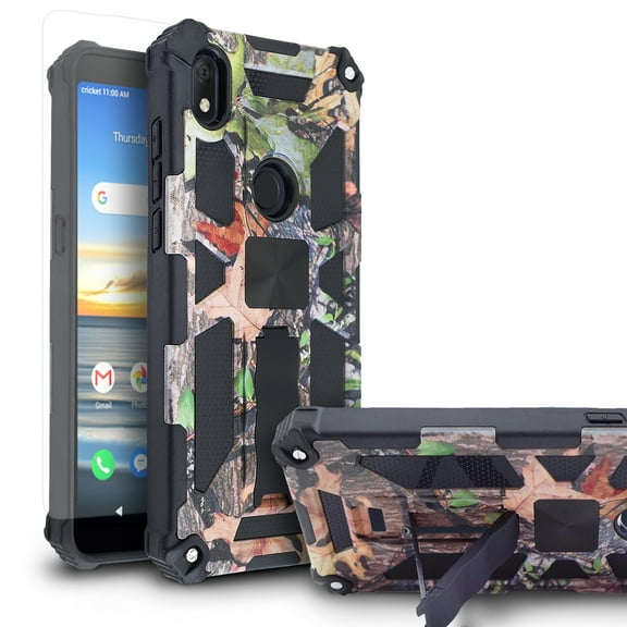 for Alcatel Lumos (DALN5023) Axel (5002R) Phone Case Magnet Mount Ready Slip Guard Grids Pattern Kickstand Hybrid Slim Shock Bumper Cover with Tempered Glass