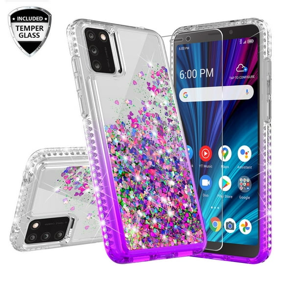 Alcatel TCL A3X A600DL Case Liquid Quicksand Glitter Cute Phone Case Clear Bling Diamond Shock Protective Cover for Girls Women - Clear/Purple