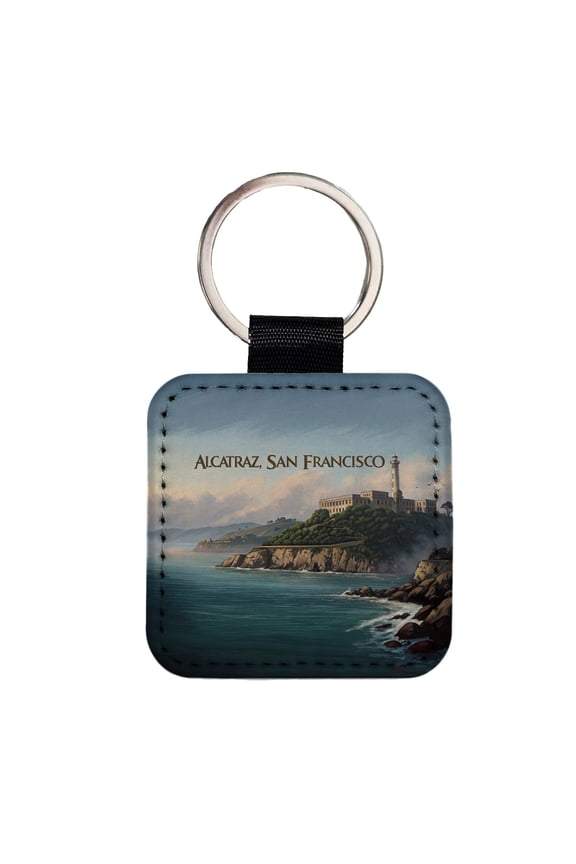 Alcatraz Prison Island San Francisco Faux Leather Square Keychain