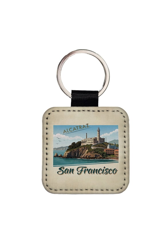 Alcatraz San Francisco Prison Travel Stamp Faux Leather Square Keychain