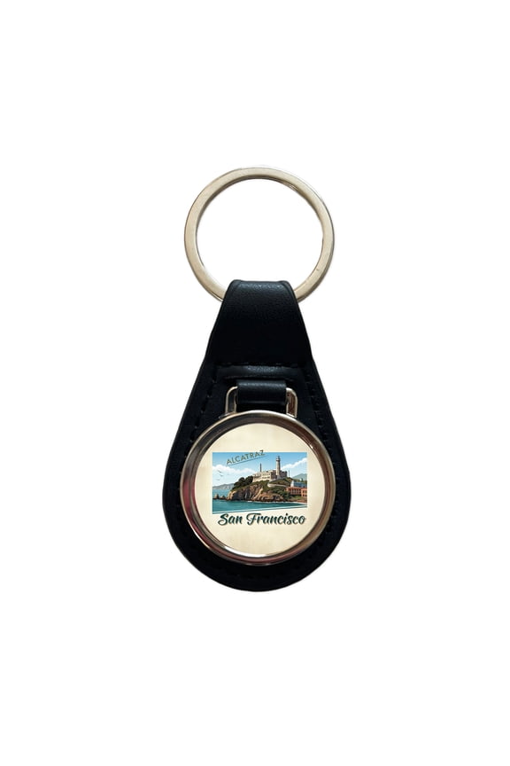 Alcatraz San Francisco Prison Travel Stamp Metal Black Leather Keychain