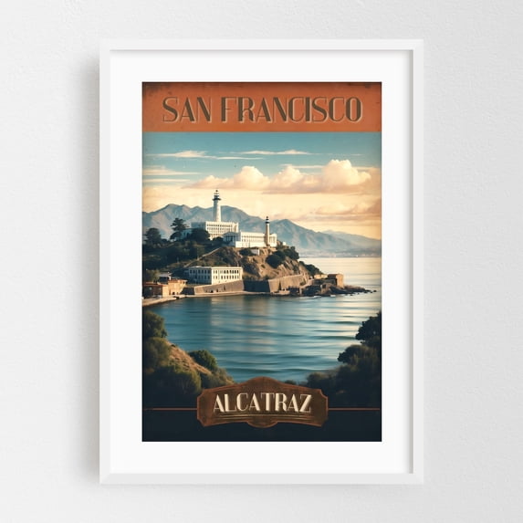 Alcatraz Vintage Travel Poster - Historic Island Art - San Francisco California Illustration Travel Poster Vintage Poster Lighthouse Architecture Scenic White Framed Wall Art Print 5 x 7 inches