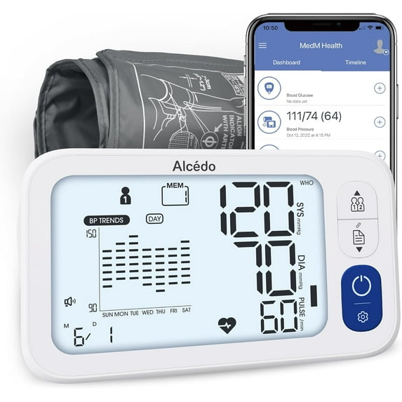 Alcedo Bluetooth Blood Pressure Monitor for Home Use, Accurate Upper Arm Smart BP Machine with Wide Range Cuff, App-Enabled for iOS & Android, Super Large Backlit Screen, 2 x 250 Memory
