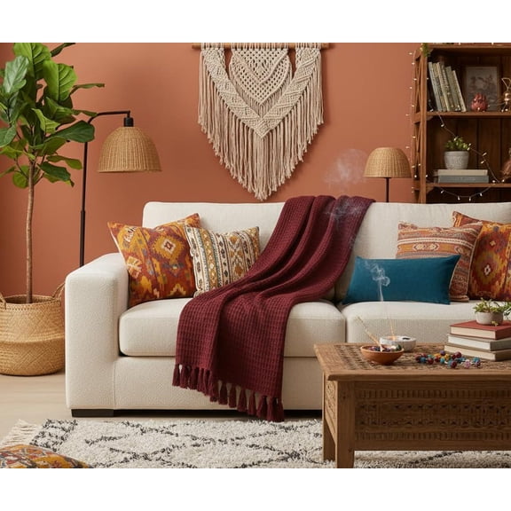 Alchemic Living Deep Maroon Waffle Knit Throw Blanket with Tassels — Lightweight Cozy Cotton Decorative Blanket for Sofa & Bed, All-Season Living Room & Bedroom