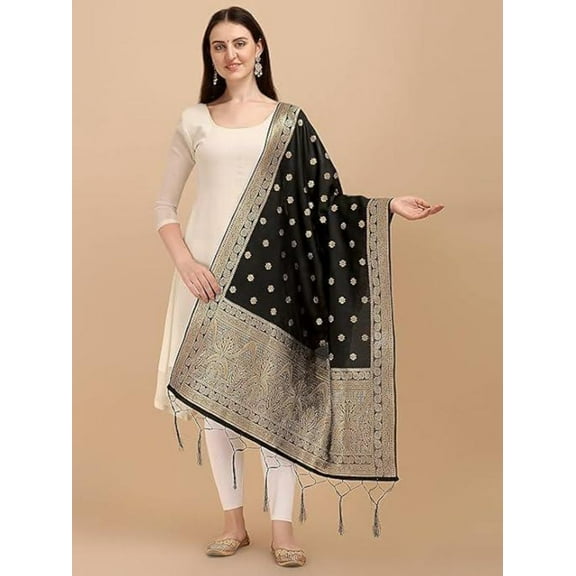 AlchemicLiving Black Women's Woven Paithani Banarasi Silk Dupatta/Chunni with Thread Work and Zari Motifs - Fancy Chunni for Women and Girls - Size: 1M x 2.3M