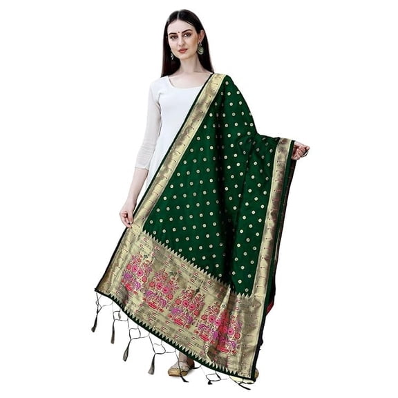 AlchemicLiving Dark Green Women's Woven Paithani Banarasi Silk Dupatta/Chunni with Thread Work and Zari Motifs - Fancy Chunni for Women and Girls - Size: 1M x 2.3M