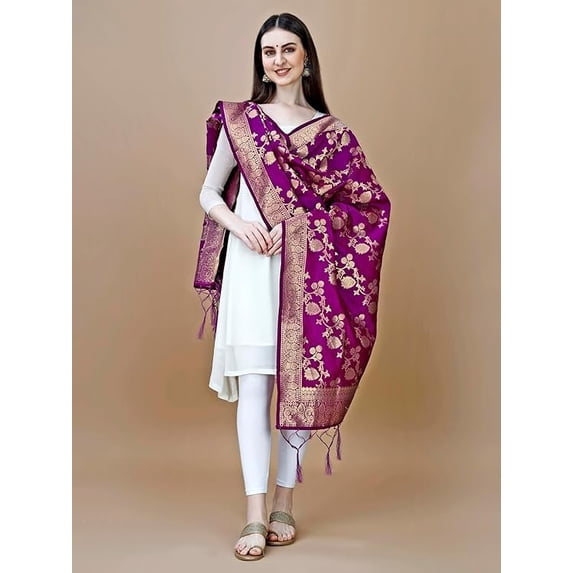 AlchemicLiving Fancy Purple Floral Woven Banarasi Silk Dupatta for Women Embroidered Scarf Chunni with Tassels for Girls Size: 1 x 2.25 Meter