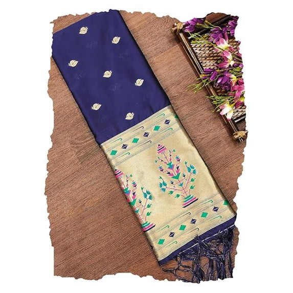 AlchemicLiving Navy Blue Woven Paithani Banarasi Silk Dupatta/Chunni for Women Floral Print Zari Dupatta for Girls Size: 1M x 2.3M