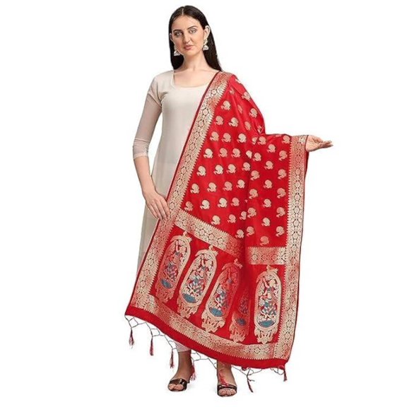 AlchemicLiving Red Woven Banarasi Silk Dupatta with Thread Work and Zari Motifs - Elegant Animal Print Chunni for Women and Girls - Size: 1M x 2.5M