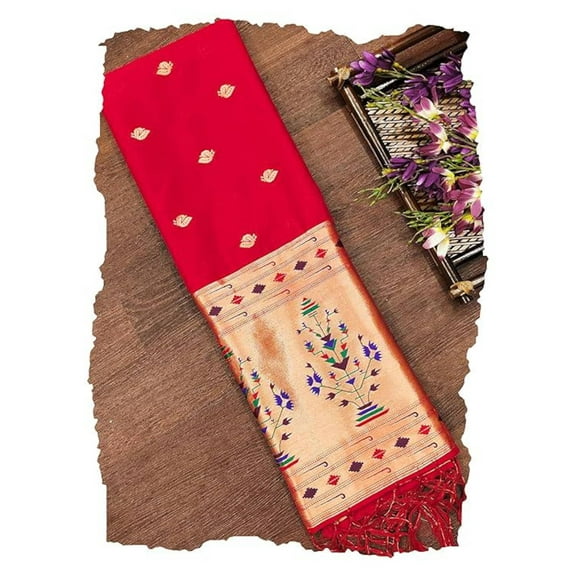 AlchemicLiving Red Woven Paithani Banarasi Silk Dupatta/Chunni for Women Floral Print Zari Dupatta for Girls Size: 1M x 2.3M