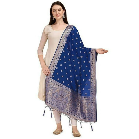 AlchemicLiving Royal Blue Women's Woven Banarasi Silk Dupatta with Thread Work and Zari Motifs - Elegant Chunni for Women and Girls - Size: 1M x 2.5M