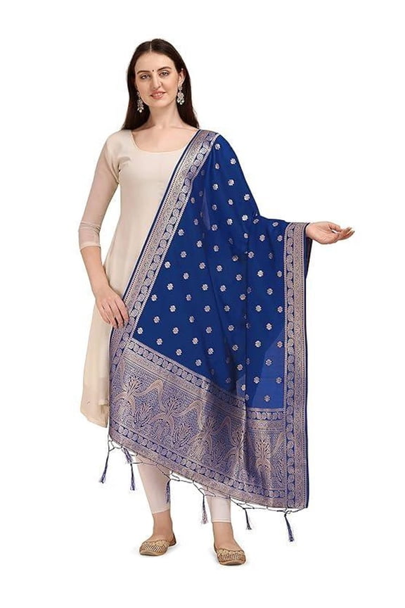 Royal Blue Women's Woven Banarasi Silk Dupatta with Thread Work and Zari Motifs - Elegant Chunni for Women and Girls - Size: 1M x 2.5M