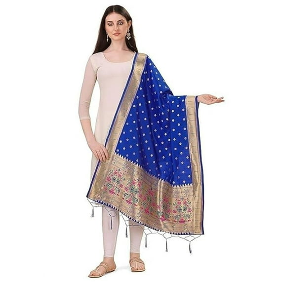 AlchemicLiving Royal Blue Women's Woven Paithani Banarasi Silk Dupatta/Chunni with Thread Work and Zari Motifs - Fancy Chunni for Women and Girls - Size: 1M x 2.3M
