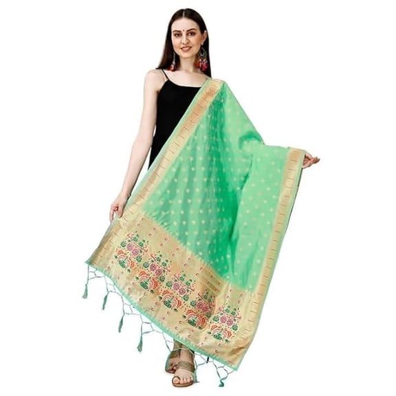 AlchemicLiving Sea Green Women's Woven Paithani Banarasi Silk Dupatta/Chunni with Thread Work and Zari Motifs - Fancy Chunni for Women and Girls - Size: 1M x 2.3M