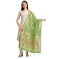 thumbnail image 1 of AlchemicLiving Pista Green Woven Banarasi Silk Dupatta with Thread Work and Zari Motifs - Elegant Animal Print Chunni for Women and Girls - Size: 1M x 2.5M, 1 of 3
