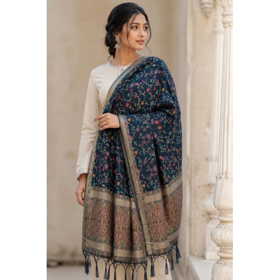 AlchemicLiving Women's Gray Woven Banarasi Kashmiri Silk Dupatta with Floral Thread & Meena Embroidery, Traditional Chunni Scarf, 1m x 2.5m