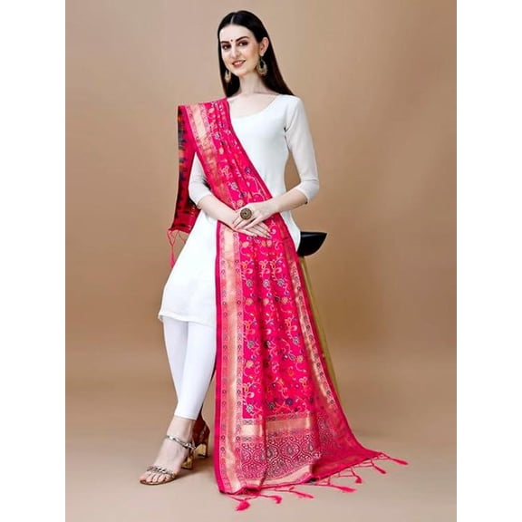 AlchemicLiving Women's Hot Pink Woven Banarasi Kashmiri Silk Dupatta with Floral Thread & Meena Embroidery, Traditional Chunni Scarf, 1m x 2.5m