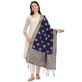 thumbnail image 1 of AlchemicLiving Women's Navy Blue Floral Woven Banarasi Silk Zari Dupatta Thread Work - Beautiful Scarf Chunni for Girls - Size: 1M x 2.5M, 1 of 2