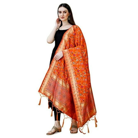 AlchemicLiving Women's Orange Woven Banarasi Heavy Kashmiri Silk Zari Dupatta with Thread Work Floral Chunni/Scarf for Girls Size: 1M x 2.5M