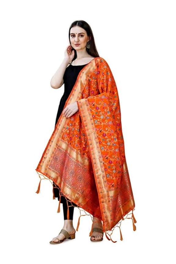Women's Orange Woven Banarasi Heavy Kashmiri Silk Zari Dupatta with Thread Work Floral Chunni/Scarf for Girls Size: 1M x 2.5M
