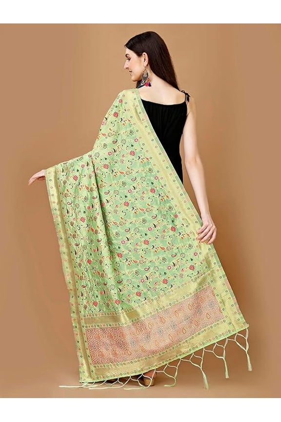 Women's Pista Green Woven Banarasi Kashmiri Silk Dupatta with Floral Thread & Meena Embroidery, Traditional Chunni Scarf, 1m x 2.5m