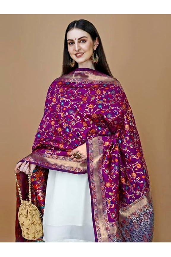 Women's Purple Woven Banarasi Kashmiri Silk Dupatta with Floral Thread & Meena Embroidery, Traditional Chunni Scarf, 1m x 2.5m