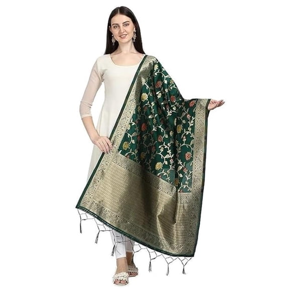 AlchemicLiving Women's Woven Banarasi Silk Floral Forest Green Dupatta with Thread Work and Zari Motifs - Beautiful Chunni for Girls - Size: 1M x 2.5M
