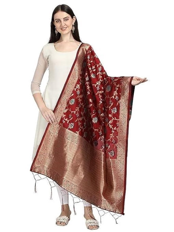 Women's Woven Banarasi Silk Floral Maroon Dupatta with Thread Work and Zari Motifs - Beautiful Chunni for Girls - Size: 1M x 2.5M