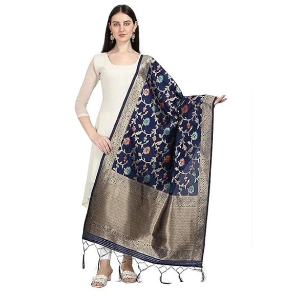 AlchemicLiving Women's Woven Banarasi Silk Floral Nile Blue Dupatta with Thread Work and Zari Motifs - Beautiful Chunni for Girls - Size: 1M x 2.5M