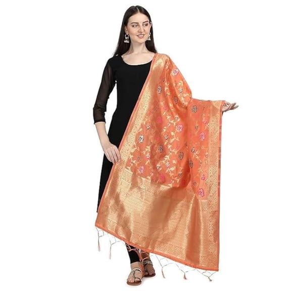 AlchemicLiving Women's Woven Banarasi Silk Floral Orange Dupatta with Thread Work and Zari Motifs - Beautiful Chunni for Girls - Size: 1M x 2.5M