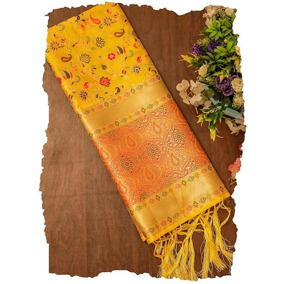 AlchemicLiving Women's Yellow Woven Banarasi Heavy Kashmiri Silk Zari Dupatta with Thread Work Floral Chunni/Scarf for Girls Size: 1M x 2.5M