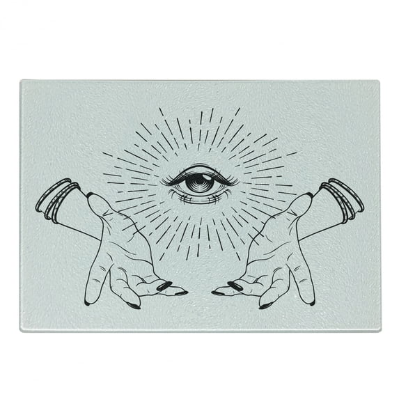 Alchemy Cutting Board, Mystical Themed Sketch of All Seeing Eye and Witch Hands Magic Image, Decorative Tempered Glass Cutting and Serving Board, in 3 Sizes, by Ambesonne