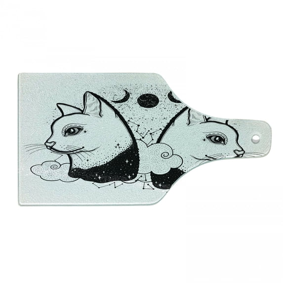 Alchemy Cutting Board, Sketch Graphic of Cats with Moons Clouds and Constellations, Decorative Tempered Glass Cutting and Serving Board, in 3 Sizes, by Ambesonne