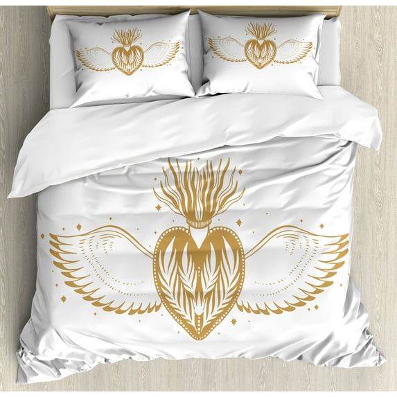 Alchemy Duvet Cover Set, Monochrome Design Winged Heart with Flourish Abstract Crown Illustration, Decorative 3 Piece Bedding Set with 2 Pillow Shams, Queen Size, Persian Orange White, by Ambesonne