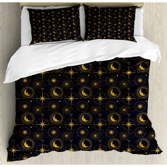 Alchemy Duvet Cover Set, Night Image Windrose Stars Sun and Crescent Moon with Human Face, Decorative 3 Piece Bedding Set with 2 Pillow Shams, Calking Size, Indigo and Dark Yellow, by Ambesonne